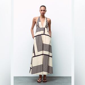 ZARA Cotton Poplin Geometric Print Halter Dress w neck detail. L NWT